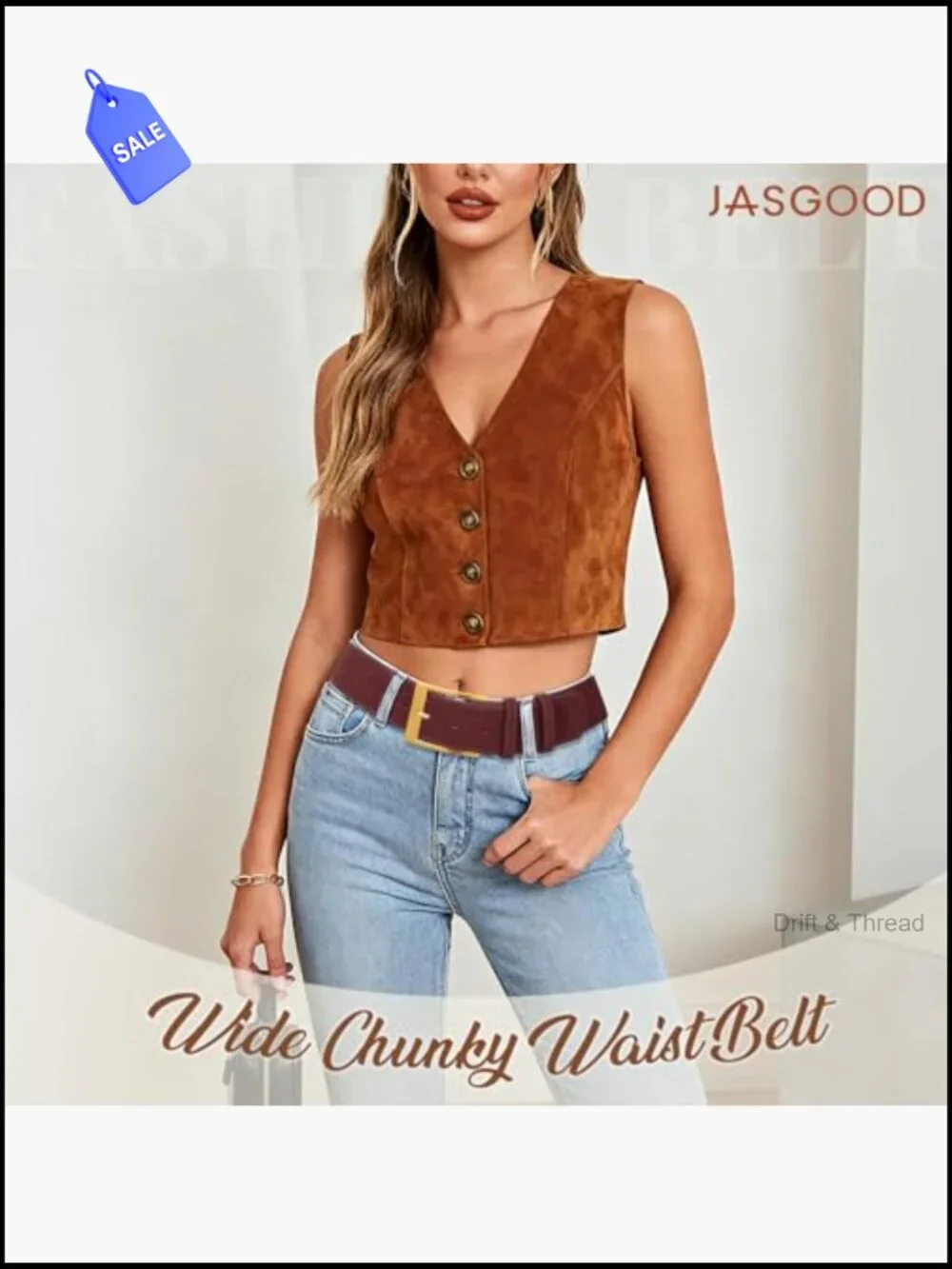 Vintage Suede Leather Wide Chunky Belt with Gold Buckle